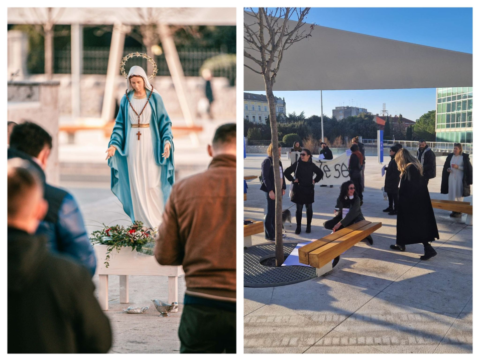 Prosvjednici za prava žena okupili se na Poljani: Nasuprot njih dvadesetak muškaraca molilo krunicu 