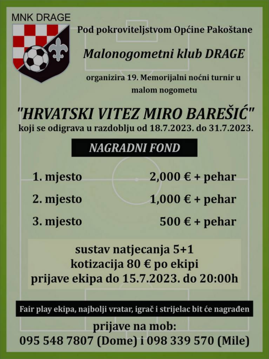 Počele prijave ekipa za 19. Memorijalni malonogometni turnir 'Hrvatski vitez Miro Barešić' 
