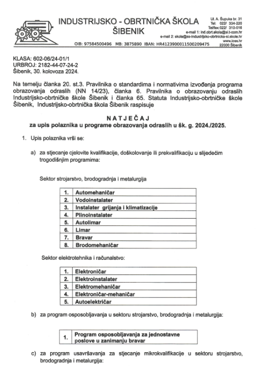 Industrijsko-obrtnička škola Šibenik objavljuje natječaj za upis u programe obrazovanja odraslih