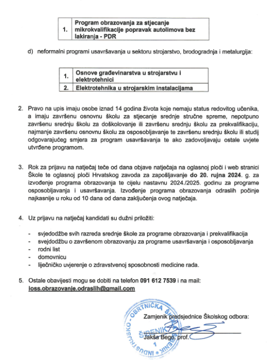 Industrijsko-obrtnička škola Šibenik objavljuje natječaj za upis u programe obrazovanja odraslih
