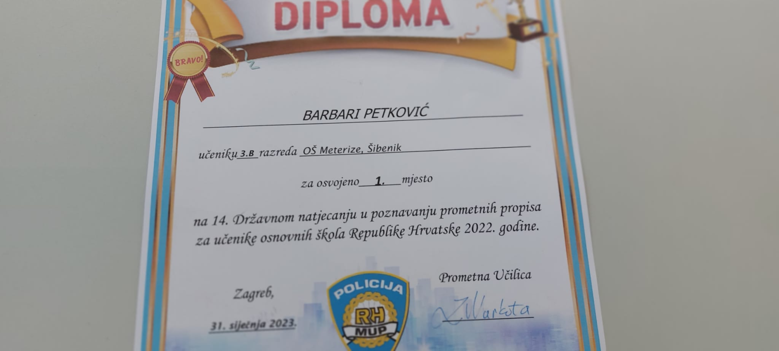 Izvanredan uspjeh učenika OŠ Meterize na državnom natjecanju iz Prometne učilice, Barbara Petković državna prvakinja 